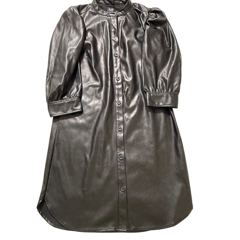 Gap Faux Leather Button Up Shirt Dress Womens Small Black Puff Sleeve Midi NWT